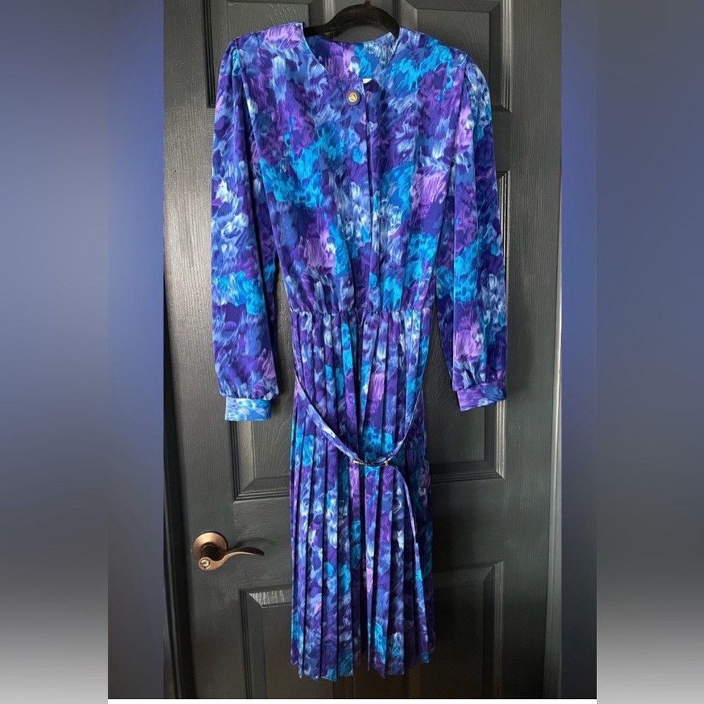 Floral Purple & Blue Pleated Long-Sleeve Dress with Self-Tie Waist